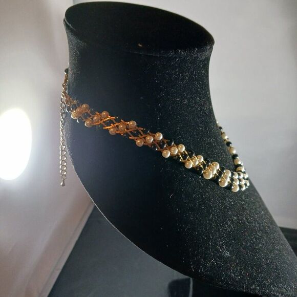 Vintage Exquisite Custom Handmade Woven Bead Gold Tone Choker Necklace - Picture 3 of 9